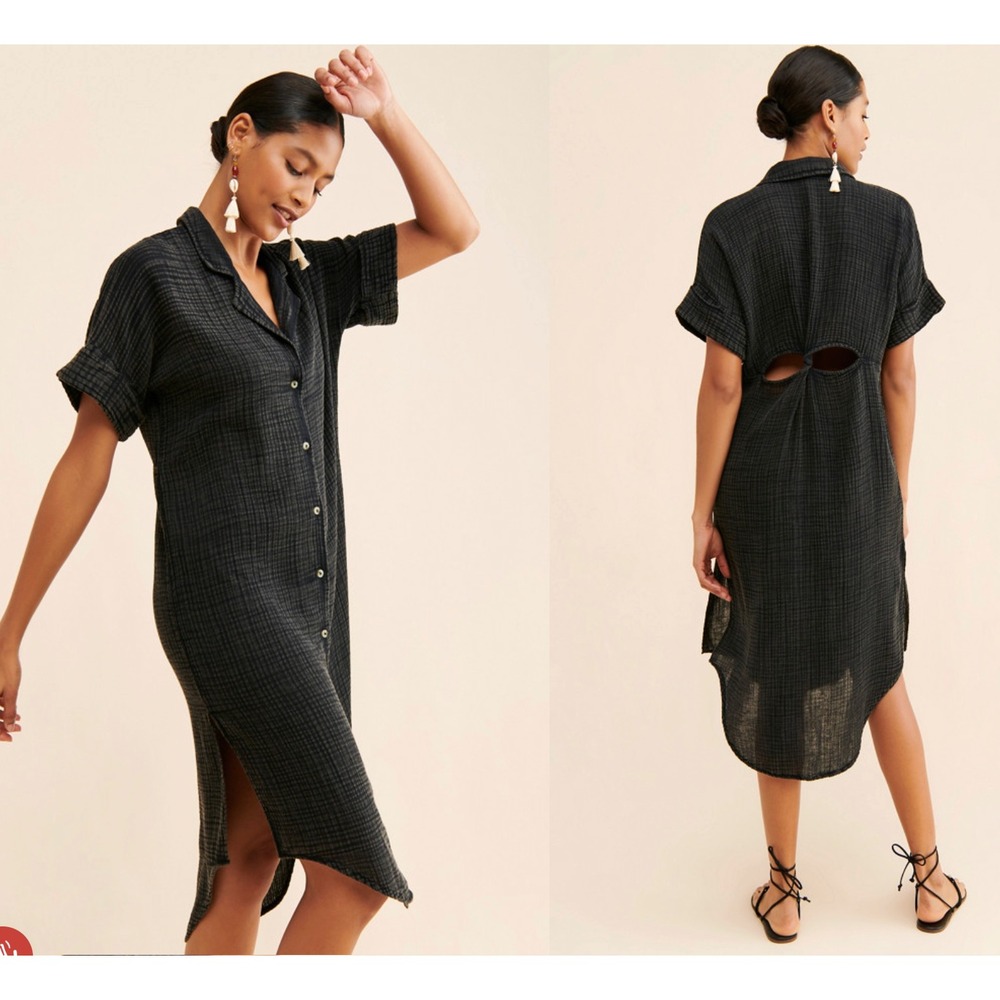 Anthropologie Celandine Lucia Black Cotton Gauze Twist Back Shirt Dress XLP